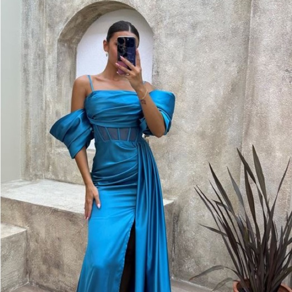 Off shoulder turquoise blue dress. Wedding guest dress  , cocktails/birthdays